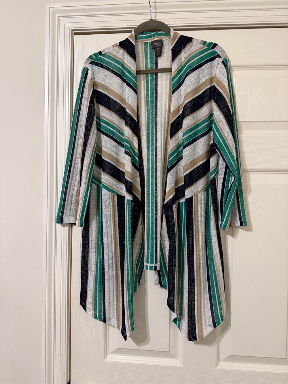Chico's Striped Open-Front Draped Jacket in Green, Black, White, Tan